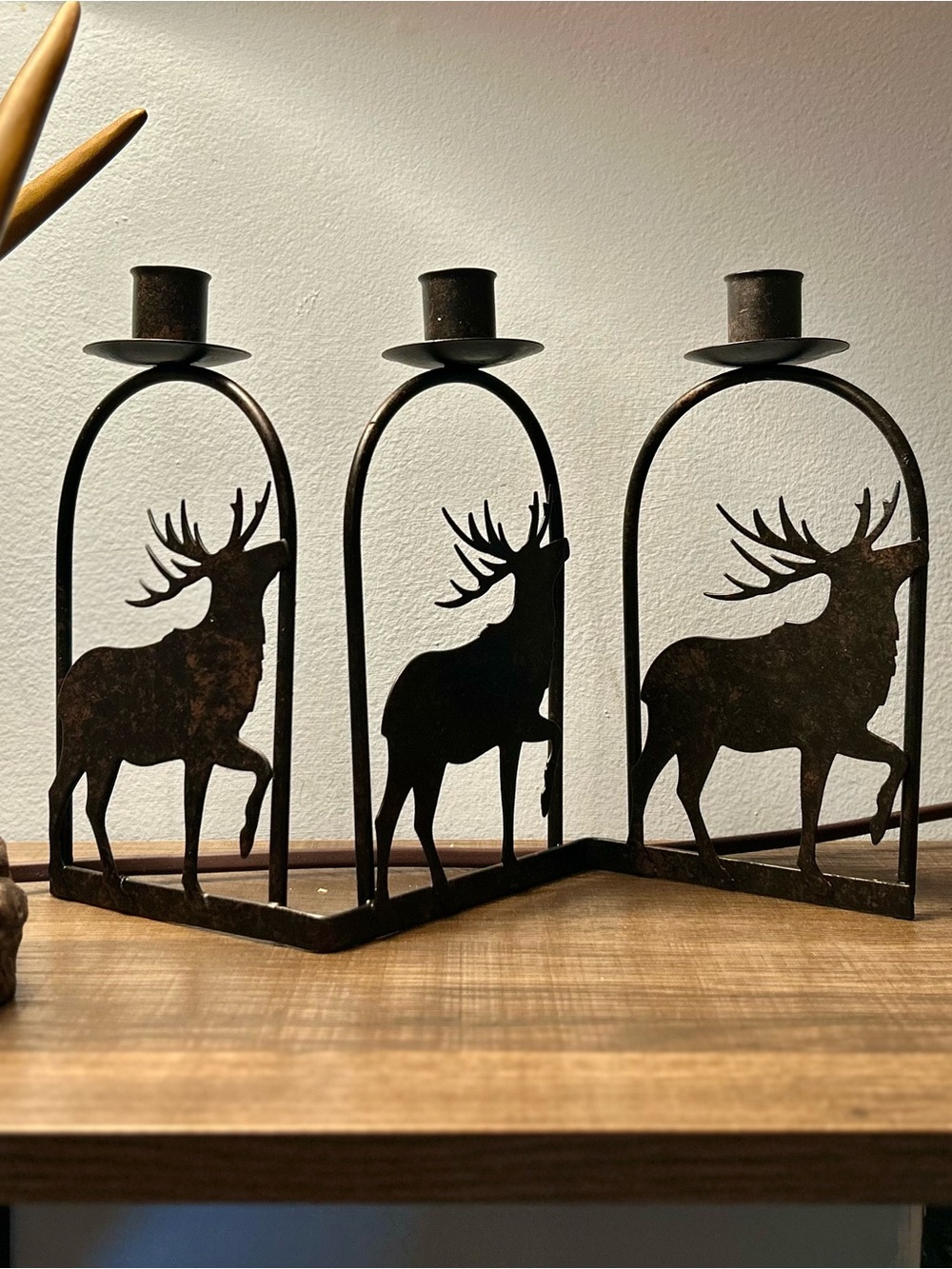 Festive Rustic Metal Cabin Buck Deer Triple Candlestick Holder